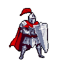 A fully armored knight with a kite shield extended forward and a red cape.