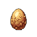 A single, textured, golden-brown egg with bumpy, irregular protuberances and subtle cracks, centrally placed against a dark brown background.