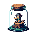 A small child in teal and green clothes sits cross-legged on a tree stump inside a transparent glass jar. The child smiles gently, with one hand raised. Blades of grass grow from the stump. The jar has a cork stopper and is centered against a dark blue background.