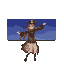 A character with flowing brown hair and a dark, ornate outfit, including a hat, dances joyfully with outstretched arms against a deep blue, cloudy sky.