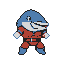 Anthropomorphic dolphin fighter in a red and blue pixelated outfit, poised for action.