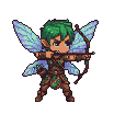Determined pixie archer with green hair and translucent wings draws a bowstring, wearing segmented earthy armor.