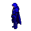 A figure in a deep blue hooded cloak and armored suit runs forward, cloak billowing.