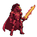 Anthropomorphic knight with a flaming sword, standing ready.
