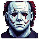 Close-up portrait of a man with a grim expression, wide eyes, and dark red markings around his eyes and mouth, resembling tears or stylized scars. He has dark reddish-brown hair and a muted blue-grey complexion, set against a blue-grey background.