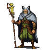 Stoic druid with weathered grey cloak, holding a gnarled wooden staff with a small green gecko clinging to the top.