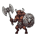 Muscular minotaur with a scowling face, white horns, and reddish-brown fur, holding a large circular shield with a bull's head emblem in its left arm and a double-bladed axe in its raised right arm, against a dark grey background.