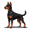 A Doberman Pinscher in a dynamic running animation, with black and tan markings.