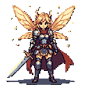 Anthropomorphic insectoid knight with large wings, holding a two-handed sword, wearing blue and gray armor with red accents.