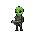 Green alien with black eyes, wearing dark armor with orange accents, holding a dark grey weapon horizontally.