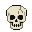 Animated pixel art skulls displaying cracked skull with crossbones, horned skull, and flaming skull.