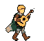 A cheerful bard with blonde hair and a light brown tunic walks forward, strumming an acoustic guitar. A green cloak billows behind them.