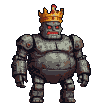 A hulking metallic monarch with a golden crown, weathered stone-like armor, and glowing red eyes.