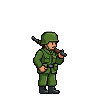 A green toy soldier stands at attention, then begins to march with a rifle held ready.