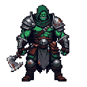 A heavily armored, muscular green-skinned warrior with glowing red eyes, wearing a dark green hooded cloak and wielding a bloody axe.