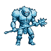 A hulking ice golem with sharp, crystalline textures, menacingly raises a spiked mace. Its eyes glow with fierce, icy red light.