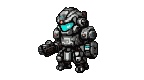 A heavily armored mech with a glowing blue visor, dynamically posed and shooting.