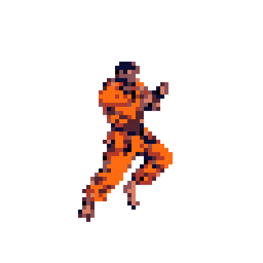 Humanoid figure in a dynamic fighting stance, arms raised with clenched fists, right leg extended forward.