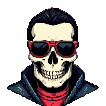 A stylized pixelated skull wearing red-framed sunglasses and a black leather jacket over a red shirt, against a black background.