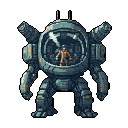 A large, heavily armored bipedal mech suit with a clear cockpit housing a pilot in an orange suit. The mech has a rounded body, powerful legs, and large fists, with cylindrical weapon systems on its sides. It stands against a muted teal-grey background.