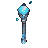 A cyan crystal staff, a golden ring with a red gem, a lavender potion vial, a leather-bound tome with a golden sigil, and a glowing green sword.