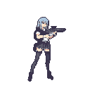 Female character in pixel art, facing right, holding a scoped rifle in a ready stance. She wears a dark outfit with white accents, thigh-high dark stockings, and has light blue hair. The background is a solid dark purple-grey.