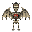 Skeletal figure with a crown and leathery wings holds a red strawberry, revealing a glowing crimson heart within its ribcage.