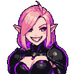 An elf with vibrant pink hair, sharp pointed ears, and a mischievous smile revealing sharp teeth. She wears a dark, form-fitting outfit with shoulder armor. Her expression shifts from a wide grin to a sly wink.