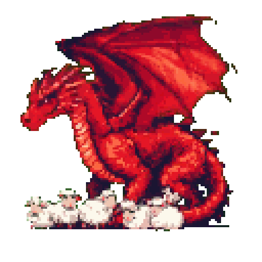 A large red dragon stands protectively over a small flock of white and black sheep on a dark green background.