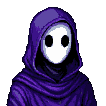 A hooded figure with a white face, two black circular eyes, and a deep purple robe against a dark background.