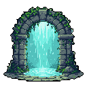 A weathered stone archway overgrown with lush green foliage, framing a luminous blue and cyan waterfall cascading into a shimmering pool.