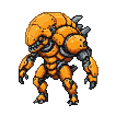 A menacing, bipedal creature with an orange segmented exoskeleton and metallic limbs in an aggressive fighting stance.