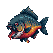 Menacing piranha with blue-green scales, orange underbelly, and sharp white teeth, a trickle of blood dripping from its open mouth.