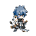 Pixelated character with blue hair and dark clothes performs rapid sword slashes, releasing a swirling energy tornado, then falls to the ground.