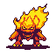 A squat, reptilian creature made of flickering orange and yellow flames, with molten orange and deep red scales, sharp claws, a menacing grin, and glowing yellow eyes.