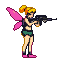 Pixie in mid-flight, aiming a rifle forward with determined expression, blonde pigtails, pink wings, dynamic pose.