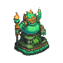 Emerald green slime king with a golden crown and flaming staff, commanding gesture.