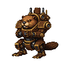 A stoic beaver in a detailed steampunk mech suit with brass accents and visible gears.