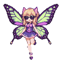 Whimsical anime pixie with blonde hair, cat ears, pink bow, and dark sunglasses, wearing a purple floral dress and large purple and green butterfly wings, poses with one leg extended.