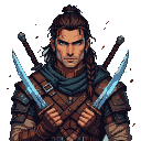 Stoic hunter with athletic build, dark hair in knot with braid, wearing leather armor with blades. Holds two glowing blue curved daggers. Background shows wind and dust.