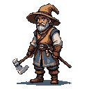 Stout, elderly man with a long white beard and mustache, wearing a pointed wizard's hat and layered earthy-toned clothing. He holds a battle axe in his left hand and a staff behind his right shoulder.
