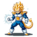 Saiyan warrior with spiky blonde hair and blue armor, clenching his left fist and unleashing a crescent-shaped wave of white energy.