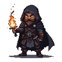 Cloaked figure with hood up, holding a flaming dagger aloft, with piercing red eyes.
