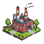 Isometric orange brick factory with two smokestacks emitting white smoke, surrounded by green grass and two pixelated trees.
