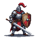 Medieval knight in segmented armor with a crimson cape and helm plume, holding a broadsword and a kite-shaped shield with a red cross.