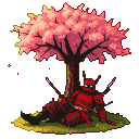 Samurai in red armor and Oni mask resting under a blooming cherry tree, holding two katanas.