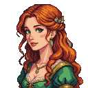 Lady Guinevere with fiery red hair, emerald eyes, and floral accents, wearing a green gown with gold trim and a jeweled necklace.