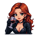 Woman with flowing auburn hair and green eyes holding a stemmed glass of red wine, wearing a dark outfit and choker necklace.