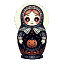 Halloween matryoshka doll with glowing red eyes and a carved jack-o'-lantern on its torso, against a pale circular background.