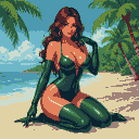 Woman with flowing auburn hair in a dark green latex swimsuit kneeling on a sun-drenched beach with palm trees and gentle waves.